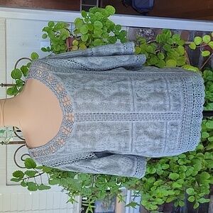 DEMOCRACY sage green, 3/4 length sleeves. Crochet trim. Sz S. Very gently used.